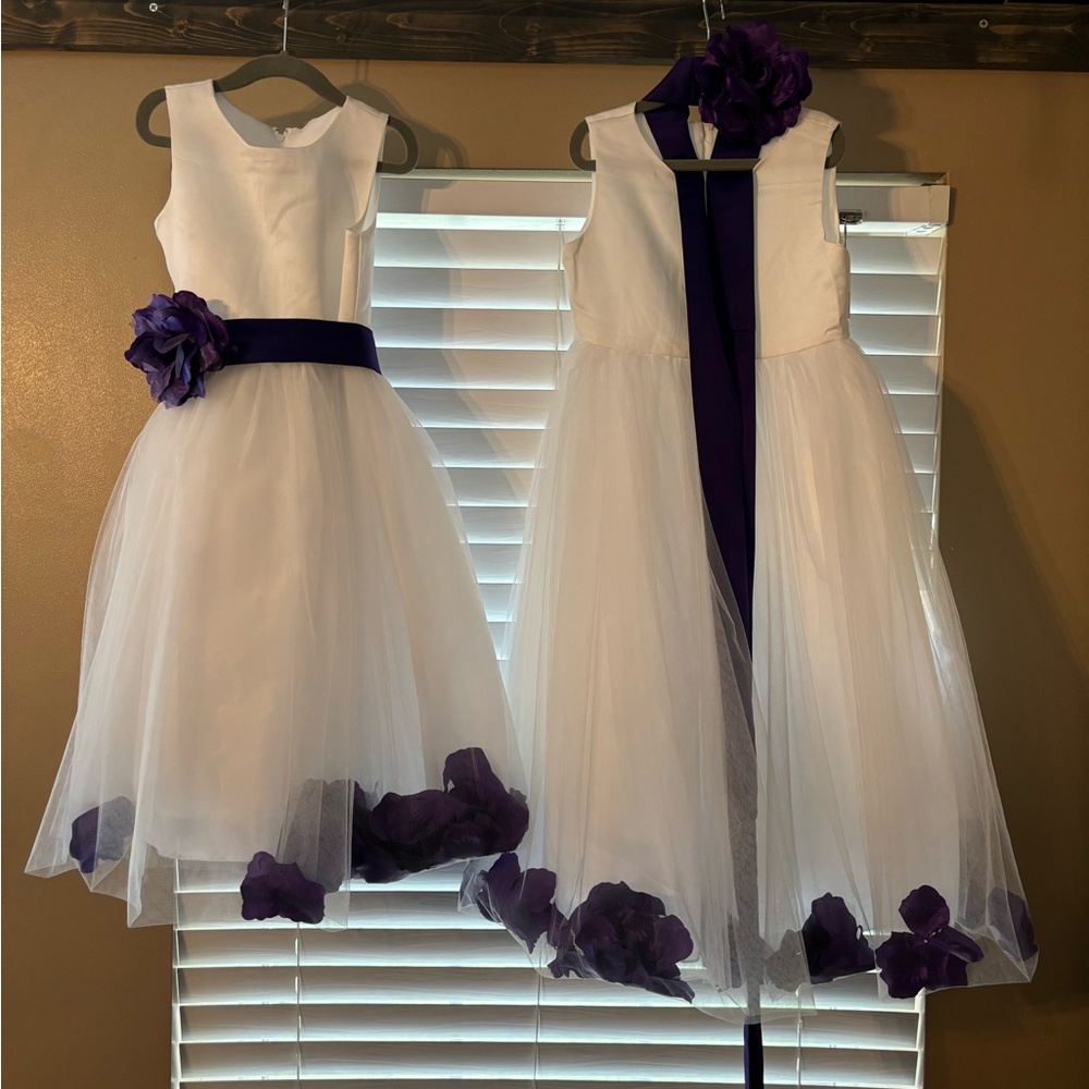 Floral/flower girl/wedding white dress with purple flowers/sash.
